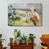 Figures Boating by the Shore - single-panel canvas displayed above a console table