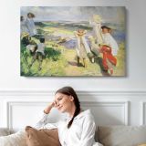 Figures Boating by the Shore - single-panel canvas displayed above a sofa