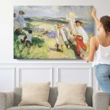 Figures Boating by the Shore - single-panel canvas shown with a person for scale