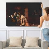 Figures in a Candlelit Interior by Caravaggio - single-panel canvas shown with a person for scale