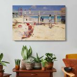 Figures on a Bright Beach - single-panel canvas displayed above a console table