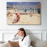 Figures on a Bright Beach - single-panel canvas displayed above a sofa