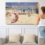 Figures on a Bright Beach - single-panel canvas shown with a person for scale