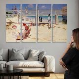 Figures on a Bright Beach - multi-panel canvas displayed above a sofa