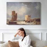 Fisherfolk and Ships by Abraham Hulk Snr - single-panel canvas displayed above a sofa