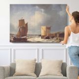Fisherfolk and Ships by Abraham Hulk Snr - single-panel canvas shown with a person for scale