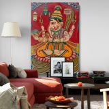 Ganesha on Lotus Throne - Vibrant Hindu Folk Art Scene canvas wall art