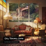 Garden Pond and Stone Bridge - multi-panel canvas displayed in a classic lounge