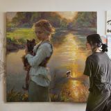 Girl Holding a Black Cat by the Water — room mockup view 3