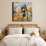 Girl with a Pearl Earring & daisy remixed floral collage, Johannes Vermeer & Odilon Redon-inspired aesthetic illustration — room mockup view 17