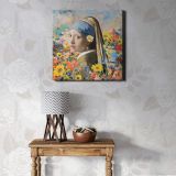 Girl with a Pearl Earring & daisy remixed floral collage, Johannes Vermeer & Odilon Redon-inspired aesthetic illustration — room mockup view 1