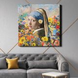 Girl with a Pearl Earring & daisy remixed floral collage, Johannes Vermeer & Odilon Redon-inspired aesthetic illustration — room mockup view 21
