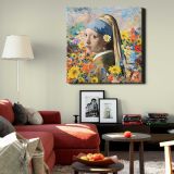 Girl with a Pearl Earring & daisy remixed floral collage, Johannes Vermeer & Odilon Redon-inspired aesthetic illustration — room mockup view 22