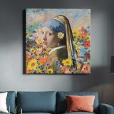 Girl with a Pearl Earring & daisy remixed floral collage, Johannes Vermeer & Odilon Redon-inspired aesthetic illustration — room mockup view 3
