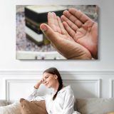 Hands Raised in Prayer at the Kaaba - single-panel canvas displayed above a sofa