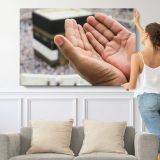 Hands Raised in Prayer at the Kaaba - single-panel canvas shown with a person for scale