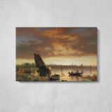 Harbor Scene by Albert Bierstadt - single-panel canvas displayed above a console table