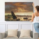 Harbor Scene by Albert Bierstadt - single-panel canvas shown with a person for scale