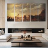 Herdsman with Cows by a River by Aelbert Cuyp — four-panel canvas arrangement in a living room