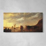 Herdsman with Cows by a River by Aelbert Cuyp — single-panel canvas on a pale wall
