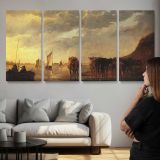 Herdsman with Cows by a River by Aelbert Cuyp — three-panel canvas above a sofa