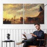 Herdsman with Cows by a River by Aelbert Cuyp — two-panel canvas arrangement in a room