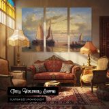 In A Calm by Abraham Hulk Snr - multi-panel canvas displayed in a classic lounge