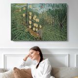 In a Tropical Forest. Struggle Between Tiger and Bull by Henri Rousseau - single-panel canvas displayed above a sofa