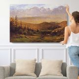In the Foothills of the Mountains by Albert Bierstadt - single-panel canvas shown with a person for scale