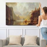 In the Mountains by Albert Bierstadt - single-panel canvas shown with a person for scale