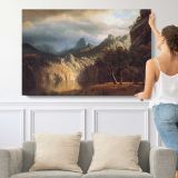 In Western Mountains by Albert Bierstadt - single-panel canvas shown with a person for scale