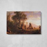 Indian Encampment Late Afternoon by Albert Bierstadt - single-panel canvas displayed above a console table