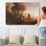 Indian Encampment Late Afternoon by Albert Bierstadt - single-panel canvas shown with a person for scale