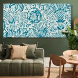 Indian Floral Pattern in Blue and Cream by William Morris — single-panel canvas above a green sofa