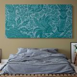 Indian Floral Pattern in Teal by William Morris — single-panel canvas above a bed with blue bedding