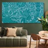 Indian Floral Pattern in Teal by William Morris — single-panel canvas above a green sofa