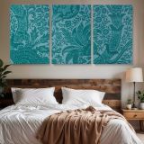 Indian Floral Pattern in Teal by William Morris — three-panel canvas above a bed