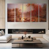 Indian Summer on the Hudson River by Albert Bierstadt — four-panel canvas arrangement in a living room