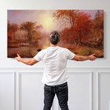 Indian Summer on the Hudson River by Albert Bierstadt — single-panel canvas shown behind a standing person for scale