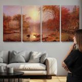 Indian Summer on the Hudson River by Albert Bierstadt — three-panel canvas above a sofa