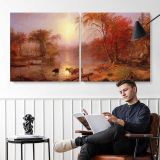 Indian Summer on the Hudson River by Albert Bierstadt — two-panel canvas arrangement in a room