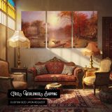 Indian Summer on the Hudson River by Albert Bierstadt — multi-panel canvas in a warmly lit lounge
