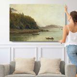 Indians Fishing by Albert Bierstadt - single-panel canvas shown with a person for scale