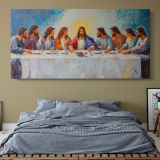 Jesus and the Disciples at the Last Supper — single-panel canvas above a bed with blue bedding