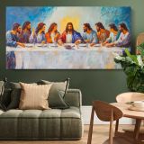 Jesus and the Disciples at the Last Supper — single-panel canvas above a green sofa