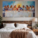 Jesus and the Disciples at the Last Supper — three-panel canvas above a bed