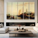 Johannes Frederik A Moored Haybarge and Other Shipping by Abraham Hulk Snr - multi-panel canvas displayed in a modern living room