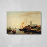 Johannes Frederik A Moored Haybarge and Other Shipping by Abraham Hulk Snr - single-panel canvas displayed above a console table