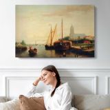 Johannes Frederik A Moored Haybarge and Other Shipping by Abraham Hulk Snr - single-panel canvas displayed above a sofa