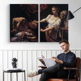 Judith Beheading Holofernes by Caravaggio - two-panel canvas displayed in a reading room